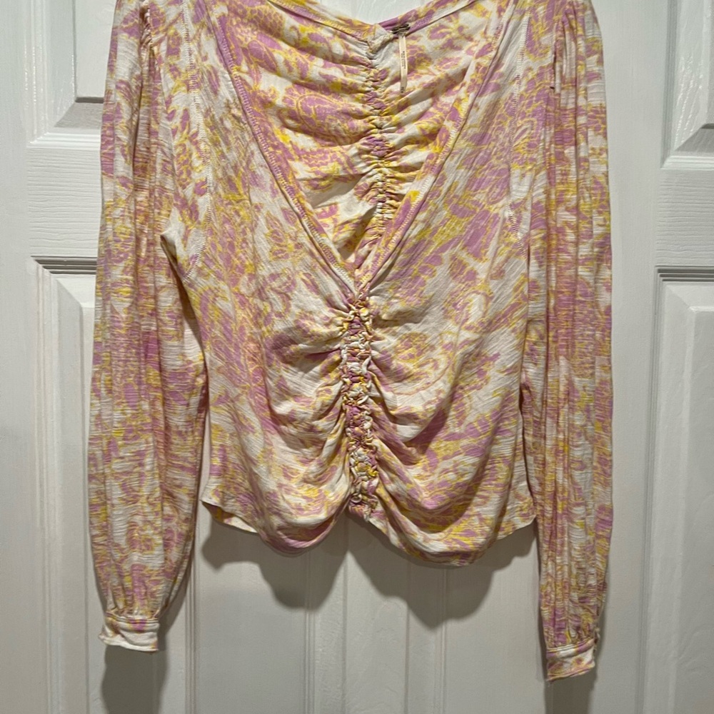 Free People Ruched Blouse - Pink and Yellow